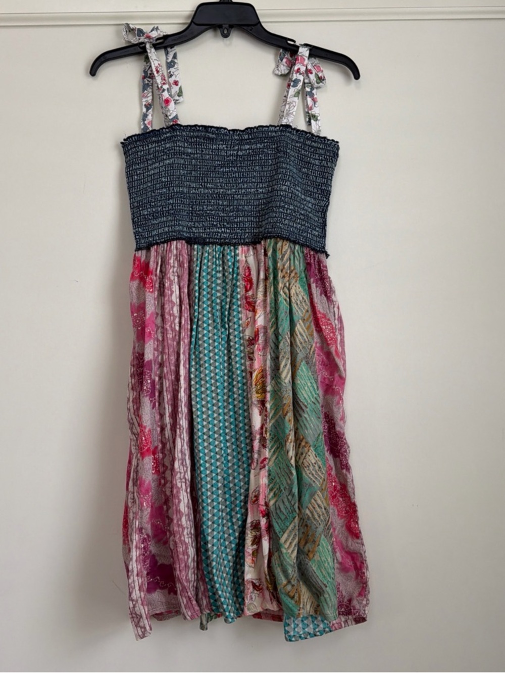 Young Threads Patchwork Smocked Tie Shoulder Midi Dress L NWT